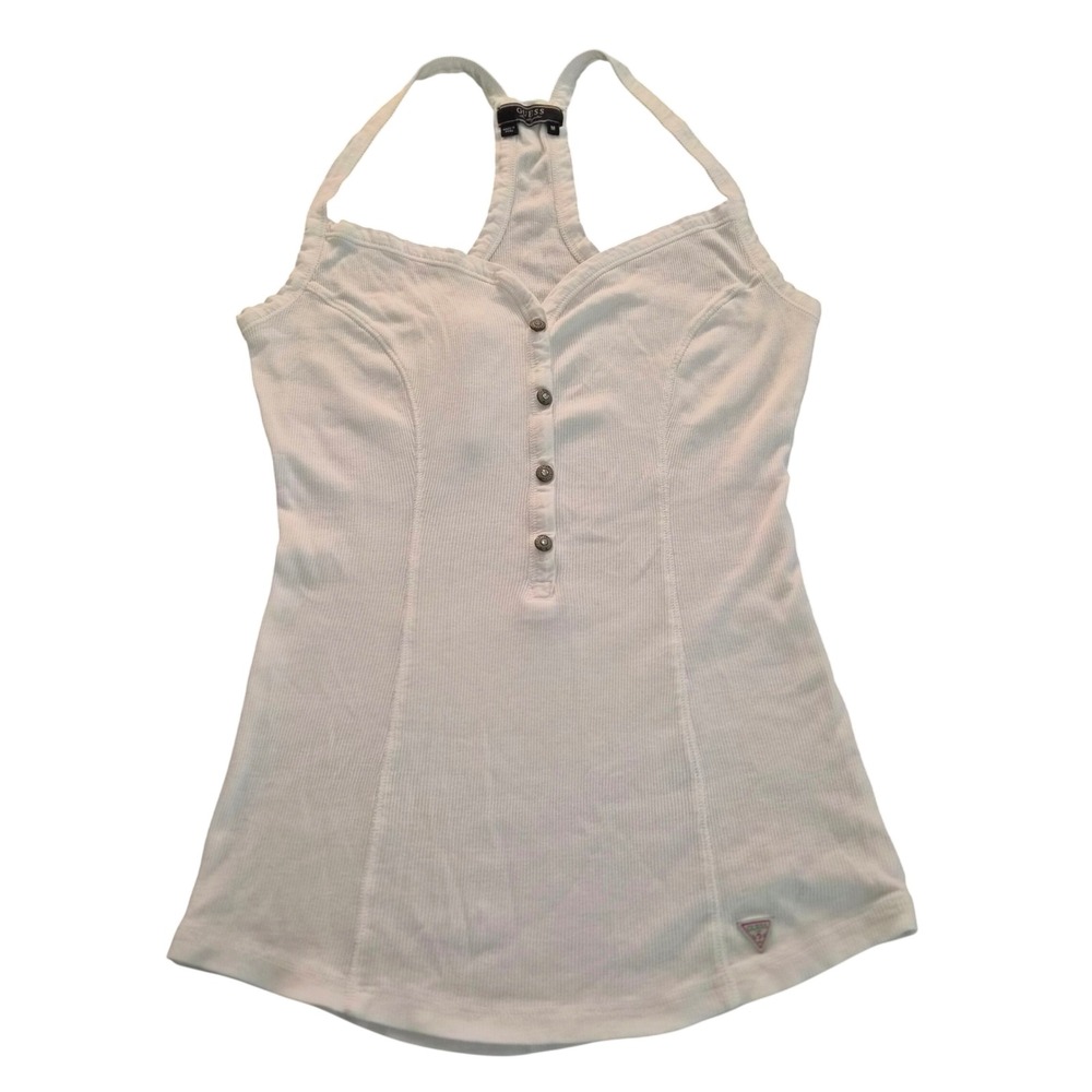 Guess Los Angeles White Ribbed Cotton Button Racerback Tank Top W12I94K0SO0